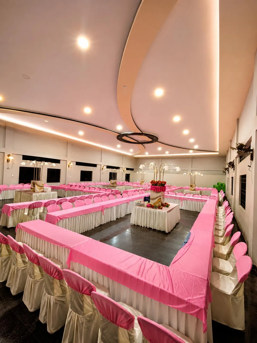 NOWA event setup — pink banquet hall